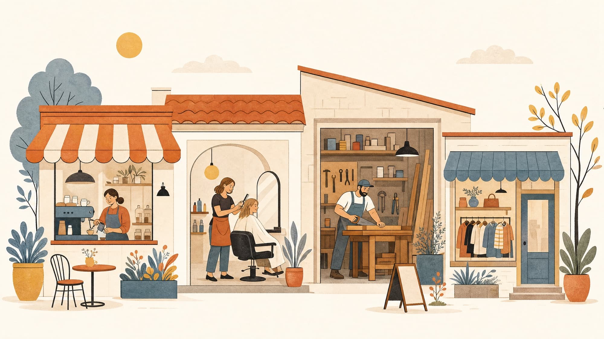 Illustration of a small-business main street: a corner café, a hair salon, a carpentry workshop, and a clothing boutique
